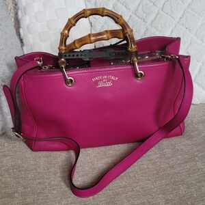 GUCCI Pebbled Calfskin M Bamboo Tote Bright Bougainvillea..Authentic!! Like New.